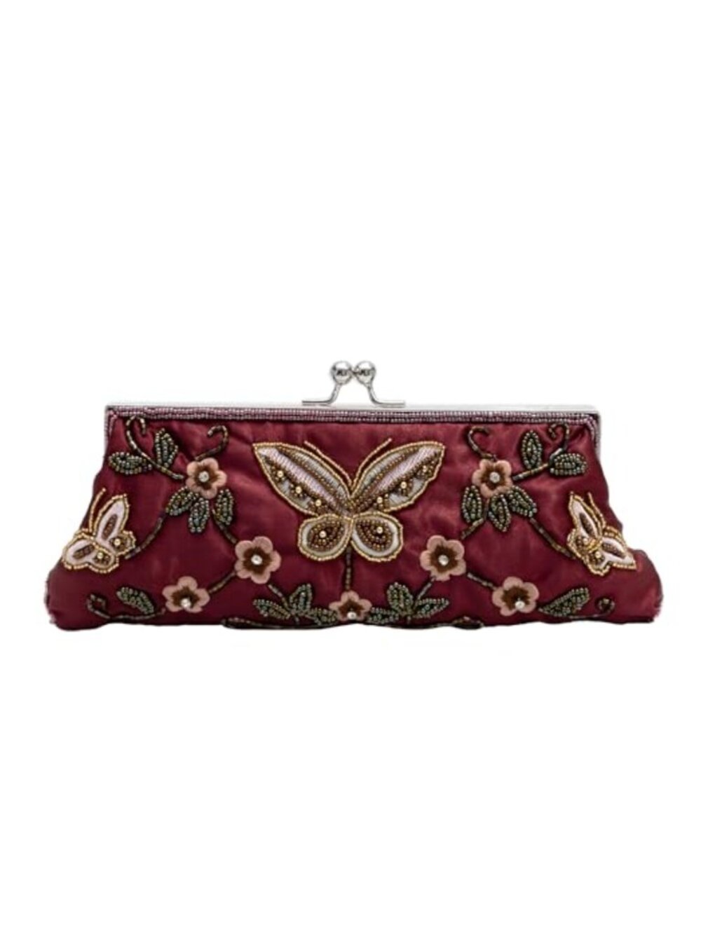 Beaded Butterfly Floral Embroidered Kiss-Lock Evening Bag Clutch with Chain